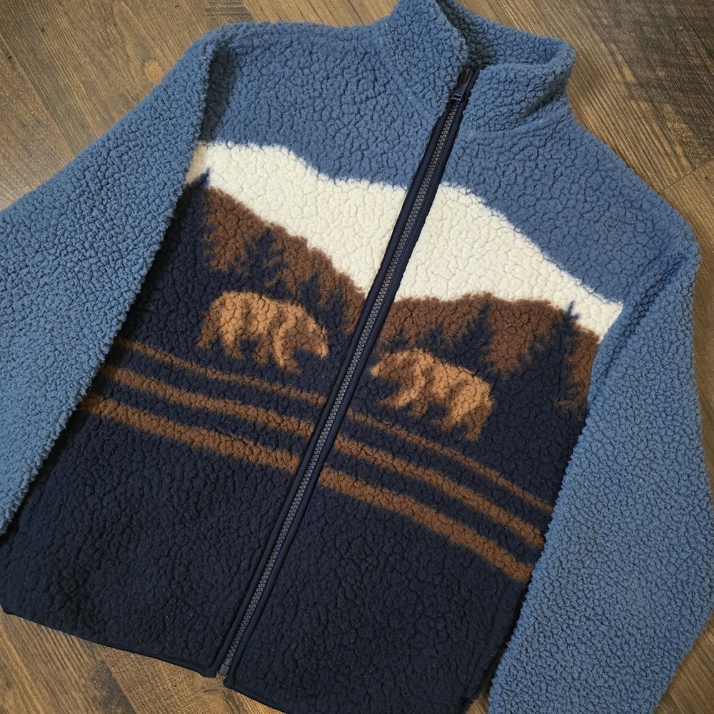 Old Navy Kids Fleece Jacket 10/12 L Blue Bear Print Full Zip Sherpa Gorpcore